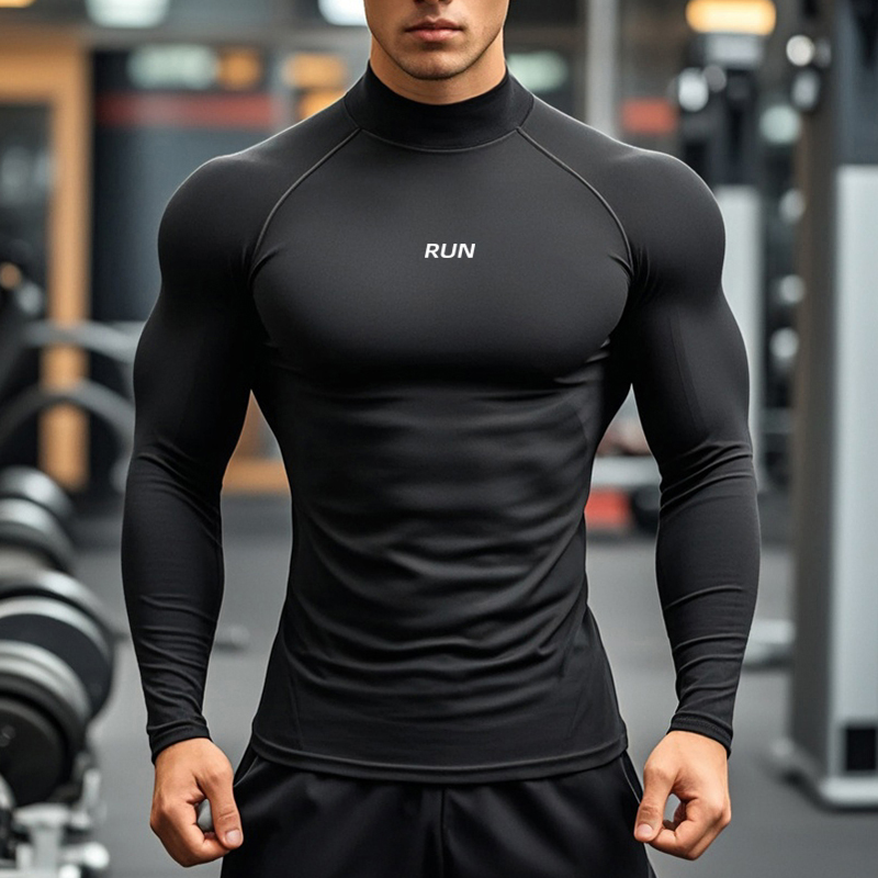T Shirt Tight Fit - メンズ ランニング タートルネック 速乾性 長袖 Tシャツ
