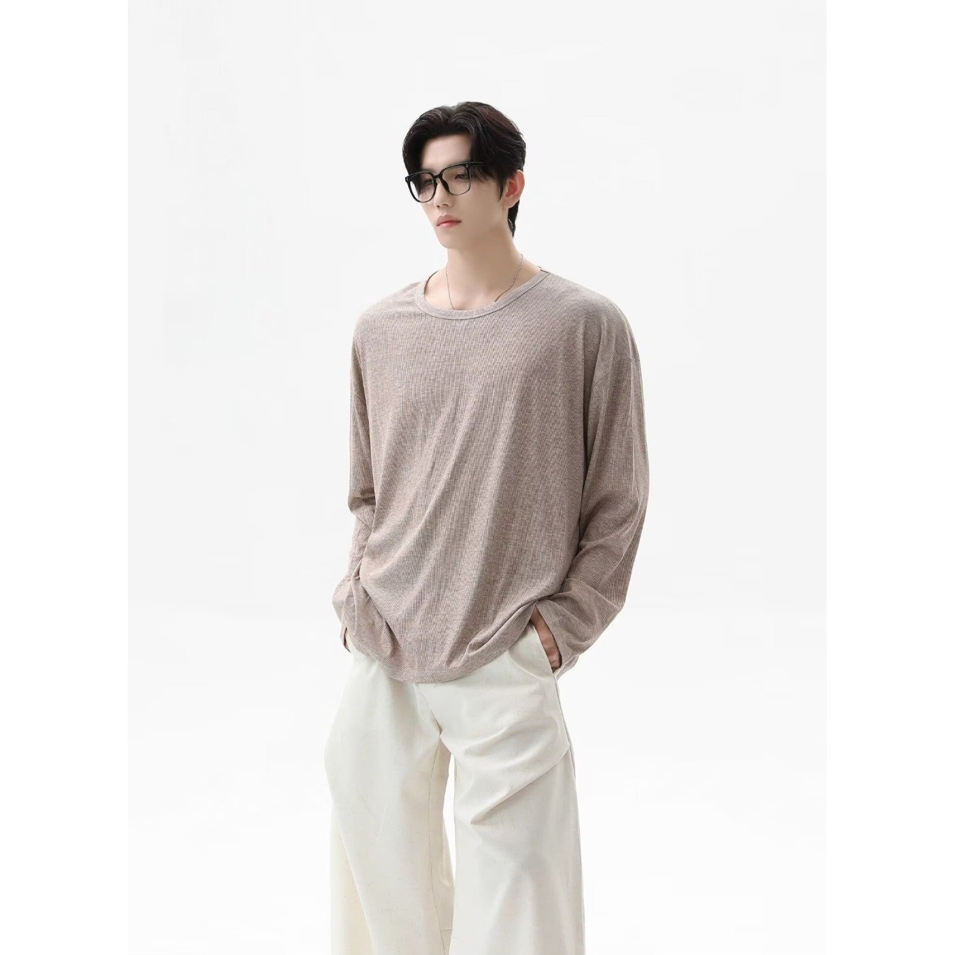 Undershirt Crew Neck - 2026年秋新作テクスチャード加工長袖Tシャツユニセックスルーズクルーネックトップソフト肌に優しいベーシックTシャツ快適アンダーシャツデイリーユース