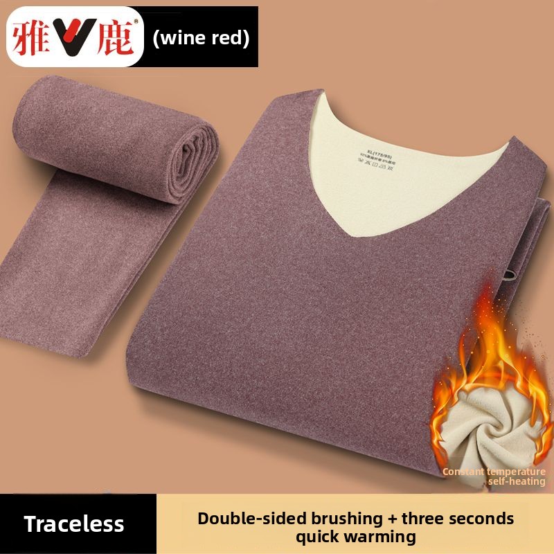 Thermal Long John - V ネックシームレスサーマル下着セットメンズ肥厚ベルベット加熱温度秋服ロングジョンズボトム冬
