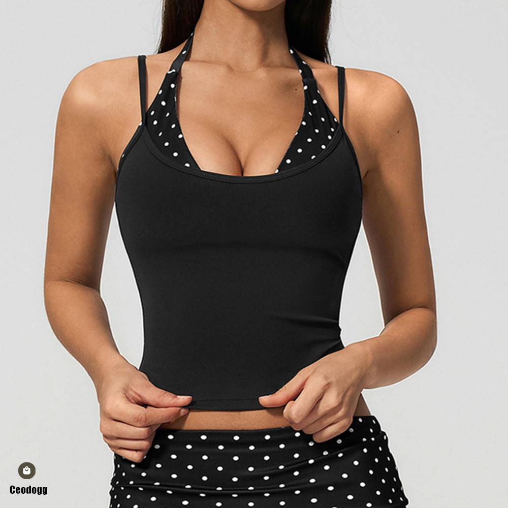 Suspender Tank Top - ポルカドット女性ストラップホルターヨガ Bdra タンクトップハイサポートスポーツブラジムピラティスランニングワークアウトフィットネスアスレチックベスト XP204