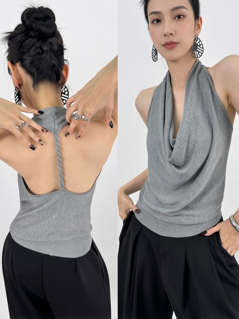 Suspender Tank Top - カウルネックエレガントな夏の女性トップノースリーブホルターネックタンクトップレースアイスシルクニットバックレスセクシーなベーシックTシャツブラウス