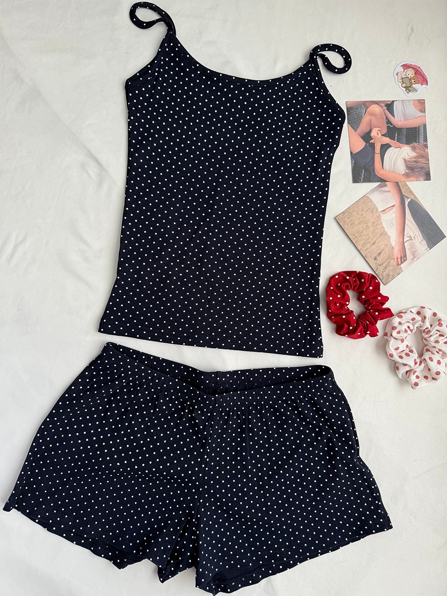 Tank Top Ribbed - ネイビードットリブショーツセット女性夏カジュアルノースリーブクロップタンクトップ+ショーツ甘いかわいいホームコージースリムツーピースセット
