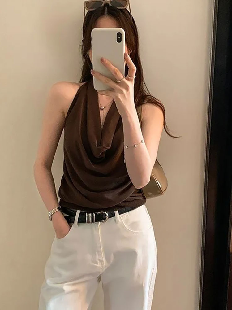 カウルネックエレガントな夏の女性トップノースリーブホルターネ - Suspender Tank Top のレビューと価格