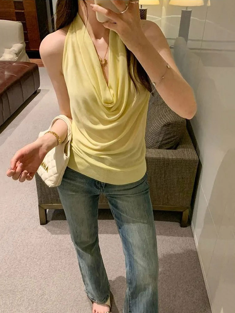 カウルネックエレガントな夏の女性トップノースリーブホルターネ - Suspender Tank Top のレビューと価格