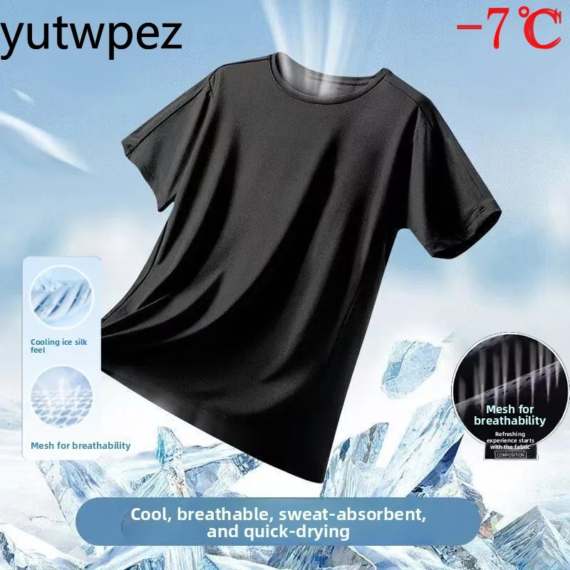 夏用アイスシルクメンズTシャツ半袖丸首通気性薄手スポーツラン - T Shirt Tight Fit のレビューと価格